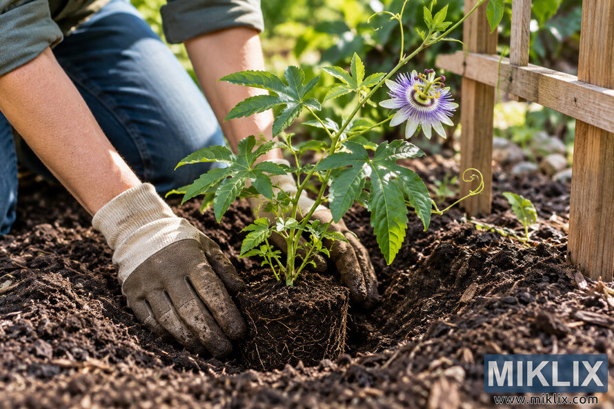 Gardener wearing soil-covered gloves plants a young green flowering vine beside a wooden trellis in a sunlit garden bed. Gardener wearing soil-covered gloves plants a young green flowering vine beside a wooden trellis in a sunlit garden bed.