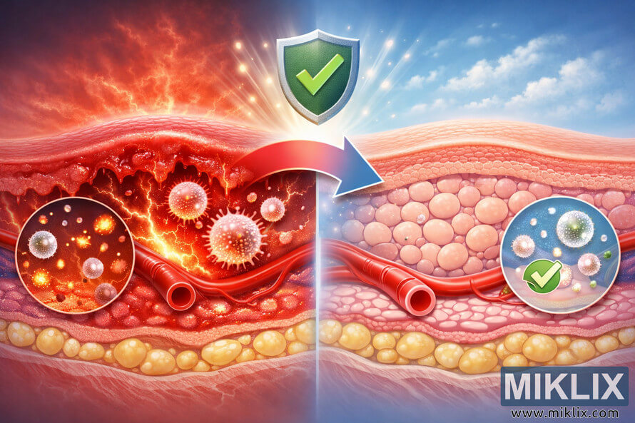 Medical illustration showing inflamed tissue healing process with red inflamed cells on the left and healthy pink tissue on the right, separated by a red-to-blue arrow and a shield icon symbolizing recovery. Medical illustration showing inflamed tissue healing process with red inflamed cells on the left and healthy pink tissue on the right, separated by a red-to-blue arrow and a shield icon symbolizing recovery.