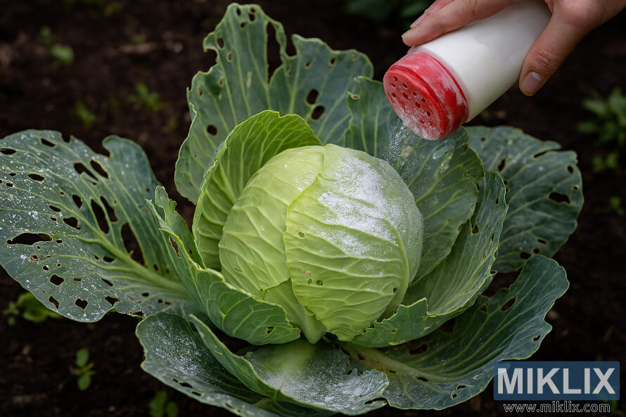 Planta de col amb danys visibles causats pel cuc de la col que es tracta amb pols orgÃ nica per al control de plagues