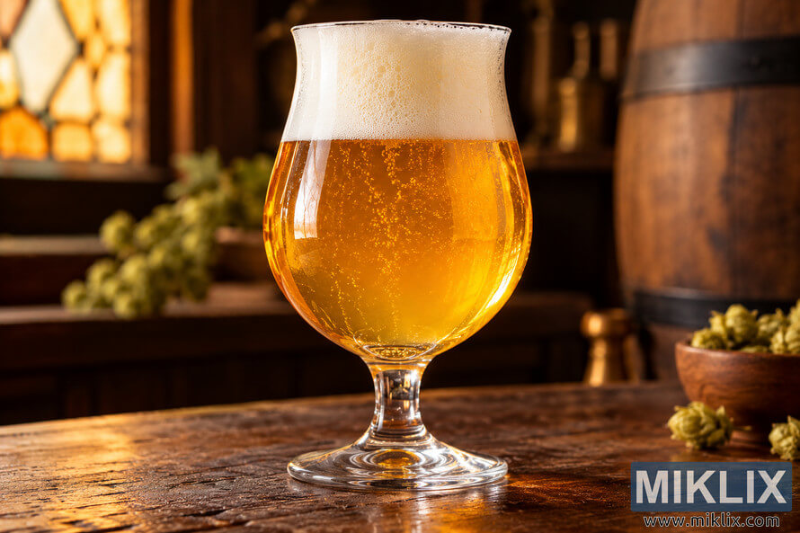 Golden Belgian-style tripel beer with a thick foam head in a tulip glass on a rustic wooden table, with hops and a barrel in the background. Golden Belgian-style tripel beer with a thick foam head in a tulip glass on a rustic wooden table, with hops and a barrel in the background.