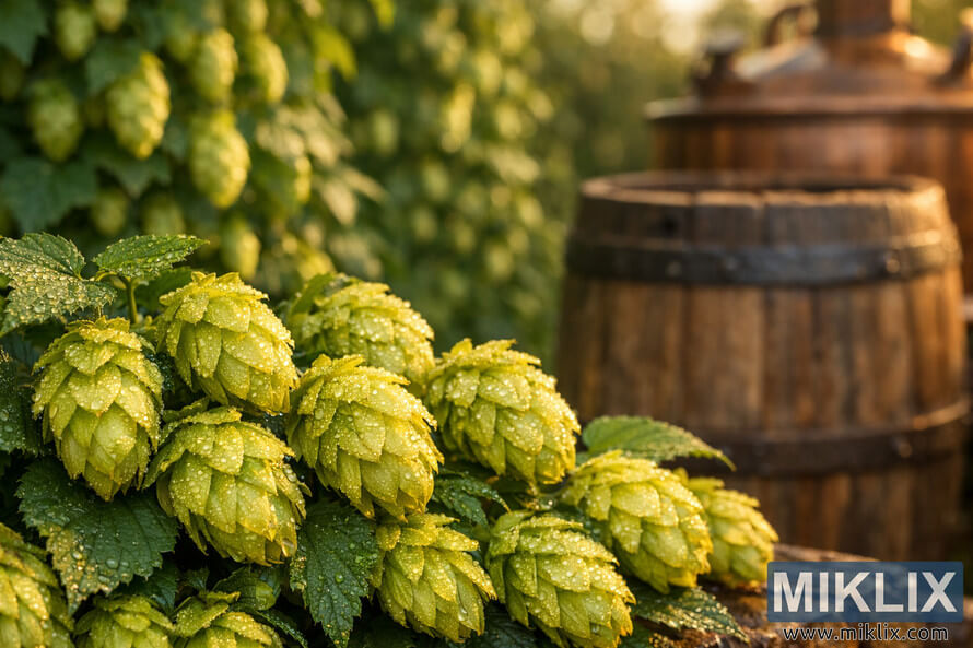 Close-up of dew-covered Sticklebract hops glowing in golden hour light with blurred hop vines and a rustic wooden barrel in the background. Close-up of dew-covered Sticklebract hops glowing in golden hour light with blurred hop vines and a rustic wooden barrel in the background.