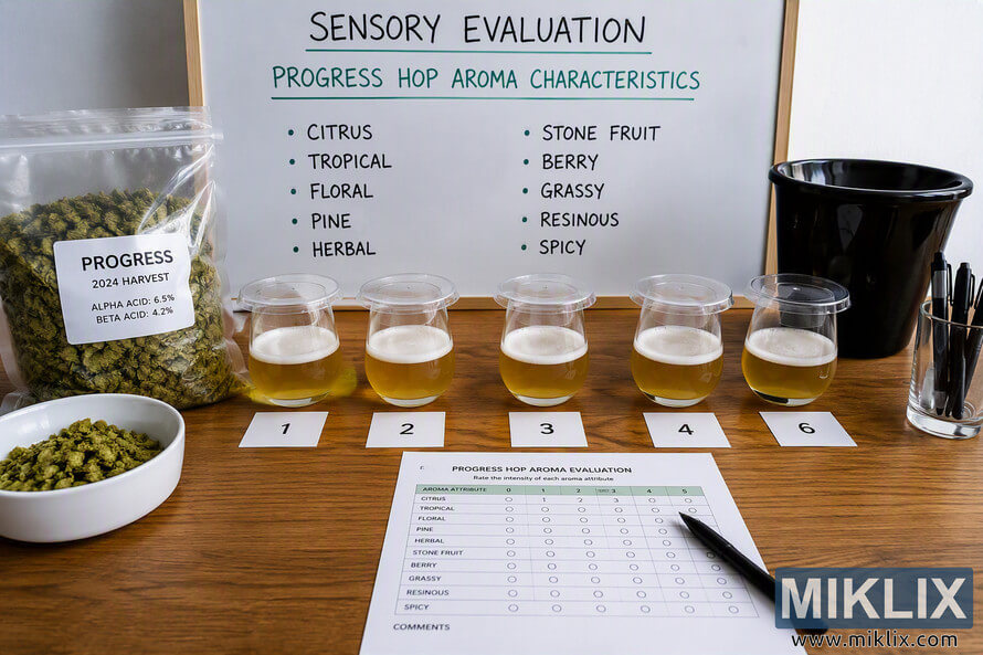 Landscape photograph of a hop aroma sensory evaluation station featuring a bag of Progress hops, multiple tasting samples in clear cups, an aroma scoring sheet, and a whiteboard listing citrus, tropical, floral, pine, herbal, stone fruit, berry, grassy, resinous, and spicy aroma characteristics. Landscape photograph of a hop aroma sensory evaluation station featuring a bag of Progress hops, multiple tasting samples in clear cups, an aroma scoring sheet, and a whiteboard listing citrus, tropical, floral, pine, herbal, stone fruit, berry, grassy, resinous, and spicy aroma characteristics.