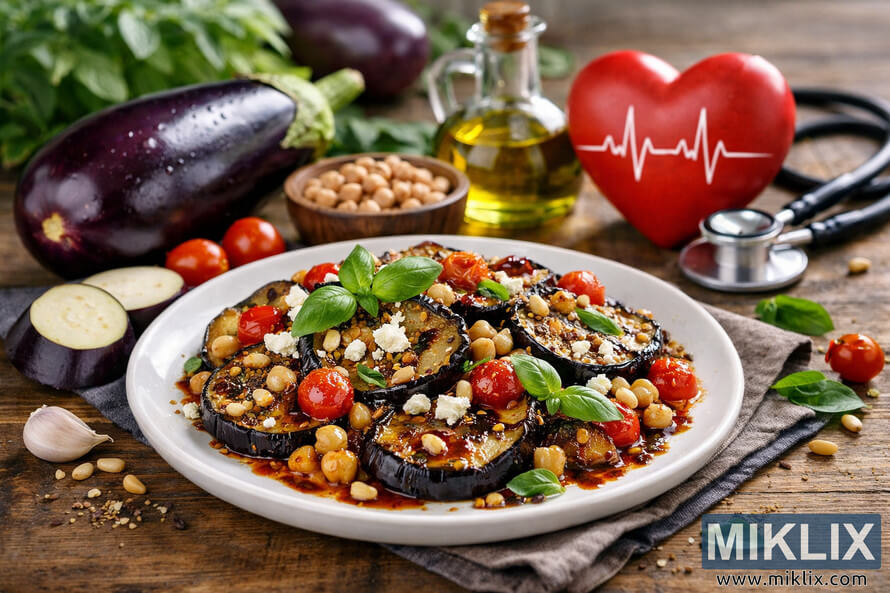 Heart-healthy roasted eggplant dish on a white plate, topped with blistered cherry tomatoes, chickpeas, crumbled cheese, fresh basil, pine nuts, and a drizzle of balsamic glaze, set on a rustic wooden table with a whole eggplant, sliced eggplant, bowls of chickpeas and seeds, a bottle of olive oil, garlic, and tomatoes nearby, while a red heart with a white ECG line and a stethoscope appear softly blurred in the background to symbolize cardiovascular health. Heart-healthy roasted eggplant dish on a white plate, topped with blistered cherry tomatoes, chickpeas, crumbled cheese, fresh basil, pine nuts, and a drizzle of balsamic glaze, set on a rustic wooden table with a whole eggplant, sliced eggplant, bowls of chickpeas and seeds, a bottle of olive oil, garlic, and tomatoes nearby, while a red heart with a white ECG line and a stethoscope appear softly blurred in the background to symbolize cardiovascular health.