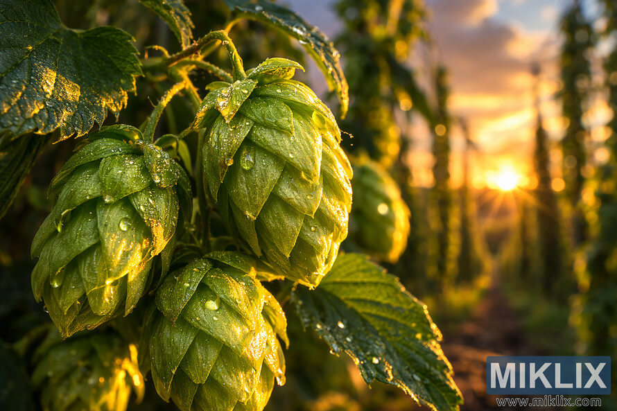 Macro close-up of vibrant green Saxon hop cones with dew drops at golden hour, set against a blurred hop farm with trellises in the background.