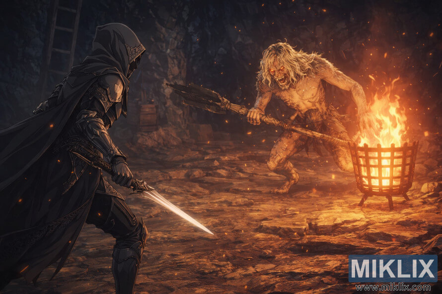 Anime stila fanu mÄksla, kurÄ attÄlots aptraipÄ«ts, bruÅots ar Melno nazi un skatoties pretÄ« ZvÄ«Åainajam Misbegotten bosam blÄvÄ, uguns apgaismotÄ alÄ, mirkÄ¼us pirms kaujas.