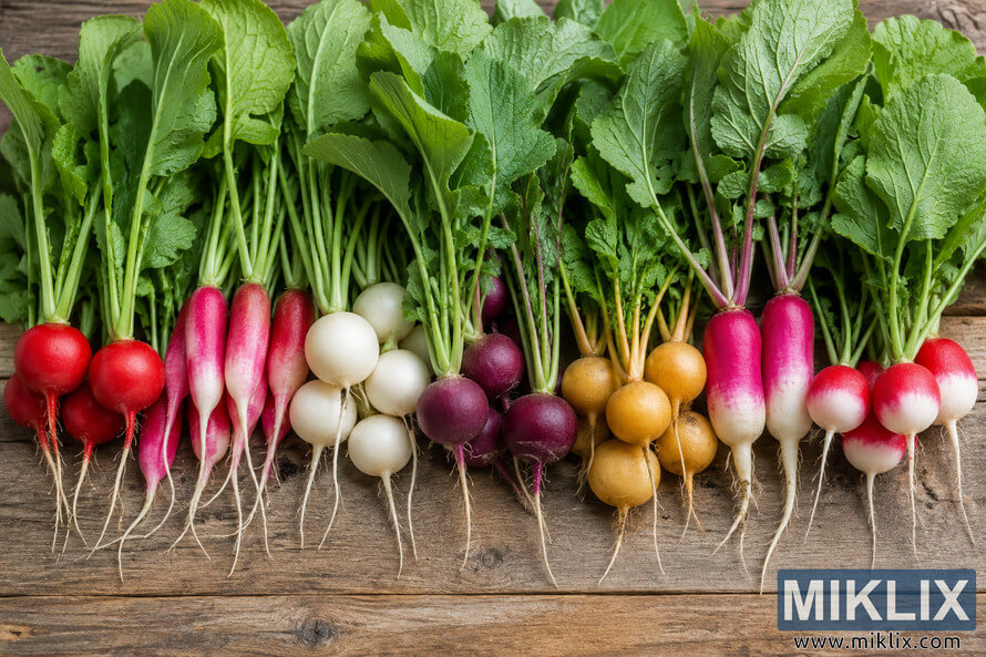 Fresh assorted radish varieties with leafy green tops arranged on a rustic wooden surface, displaying round and elongated roots in red, pink, white, purple, yellow, and magenta under soft natural light.