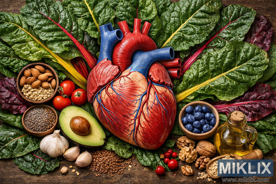 Detailed anatomical heart diagram encircled by Swiss chard leaves and various heart-healthy foods including nuts, fruits, grains, and olive oil on a rustic wooden background.