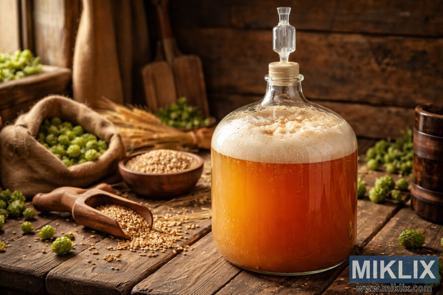 Glass carboy of hazy Bavarian wheat ale fermenting on a rustic wooden table, topped with foamy krausen and fitted with an airlock, surrounded by hops and grain.