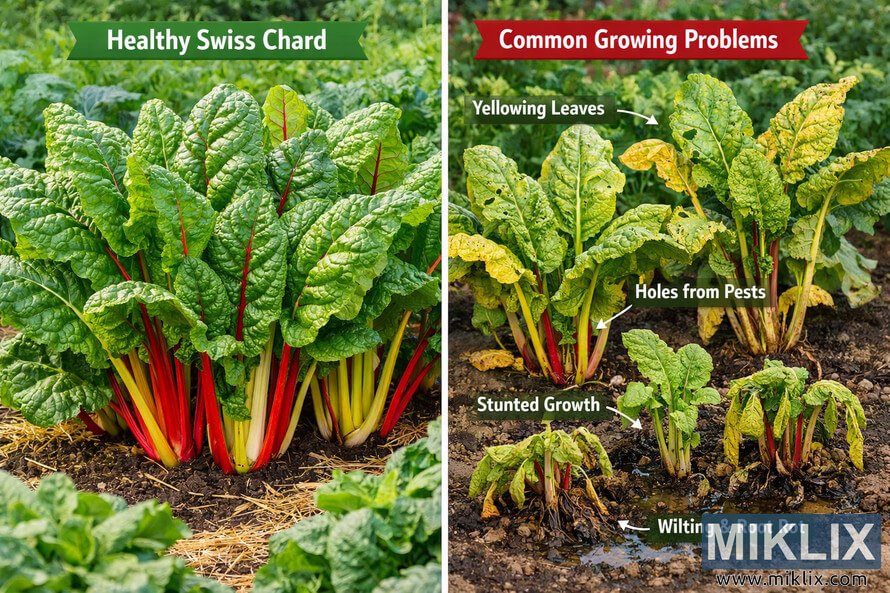 Side-by-side comparison of healthy Swiss chard plants and Swiss chard affected by common growing problems like yellowing leaves, pest holes, stunted growth, and root rot.
