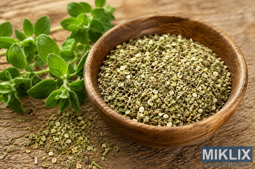 Close-up landscape photograph of a rustic wooden bowl filled with marjoram seasoning blend on a textured wooden table, surrounded by fresh green marjoram sprigs and scattered herbs in warm natural light. Close-up landscape photograph of a rustic wooden bowl filled with marjoram seasoning blend on a textured wooden table, surrounded by fresh green marjoram sprigs and scattered herbs in warm natural light.