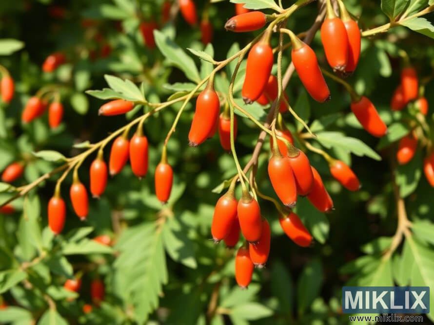 Clusters of bright red goji berries hanging from green leafy branches.
