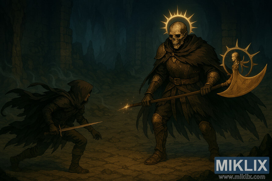 Realistic fantasy art of Tarnished confronting Death Knight in Elden Ring catacombs from elevated view