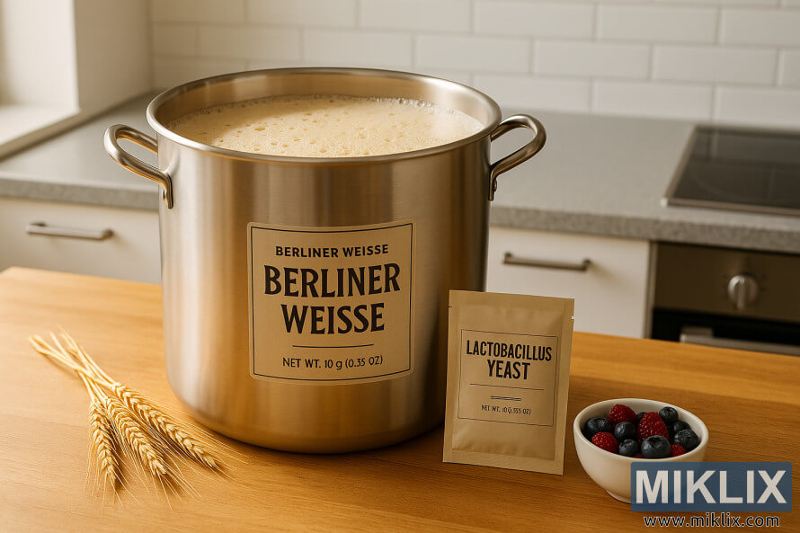 Kettle Bakin Karfe na Berliner Weisse akan tebur na katako tare da kayan abinci. Kettle Bakin Karfe na Berliner Weisse akan tebur na katako tare da kayan abinci.