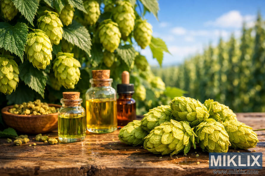 Fresh Nugget hop cones with dew on a rustic wooden table beside glass vials of hop essential oils, set against a blurred sunny hop field.