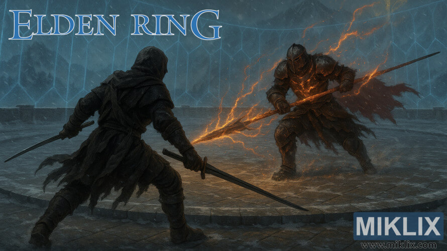 Fan art of a Black Knife–armored player fighting Roundtable Knight Vyke with red-yellow lightning in Lord Contender’s Evergaol. Fan art of a Black Knife–armored player fighting Roundtable Knight Vyke with red-yellow lightning in Lord Contender’s Evergaol.