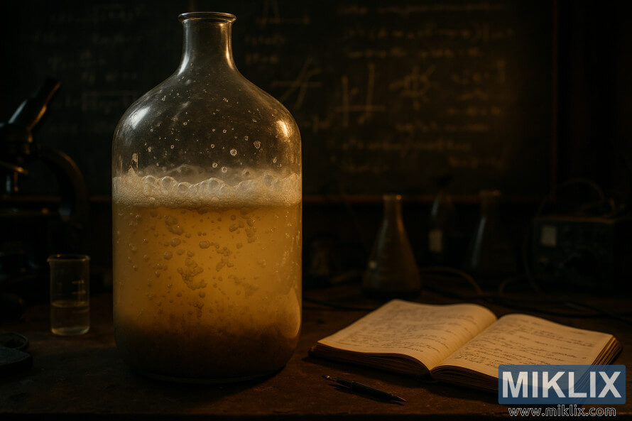 Laborator cu damigeanÄ care face bule, notiÈe Èi echipamente care prezintÄ un proces dificil de fermentare.