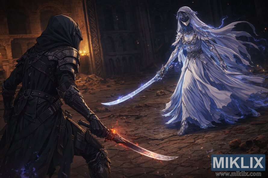 Anime-style scene of the Tarnished in Black Knife armor facing the Dancer of Ranah inside a ruined mausoleum, both approaching cautiously before combat begins.