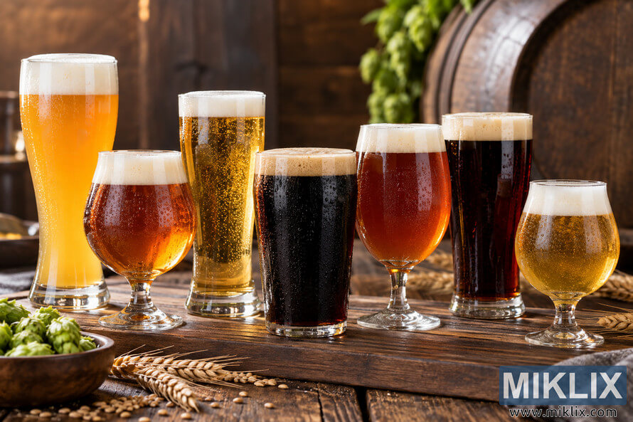 Seven unbranded glasses of different beer styles, ranging from pale golden and amber beers to dark stout-like beer, arranged on a rustic wooden board with hops, grain, and a wooden barrel in a warmly lit brewery setting. Seven unbranded glasses of different beer styles, ranging from pale golden and amber beers to dark stout-like beer, arranged on a rustic wooden board with hops, grain, and a wooden barrel in a warmly lit brewery setting.