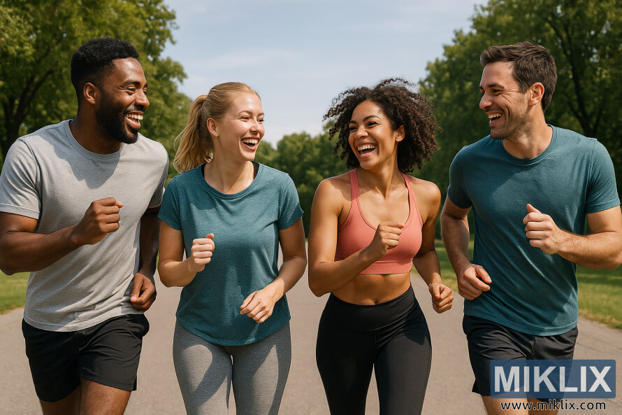 Four friends jogging side by side on a sunny park path, laughing and enjoying fitness together.