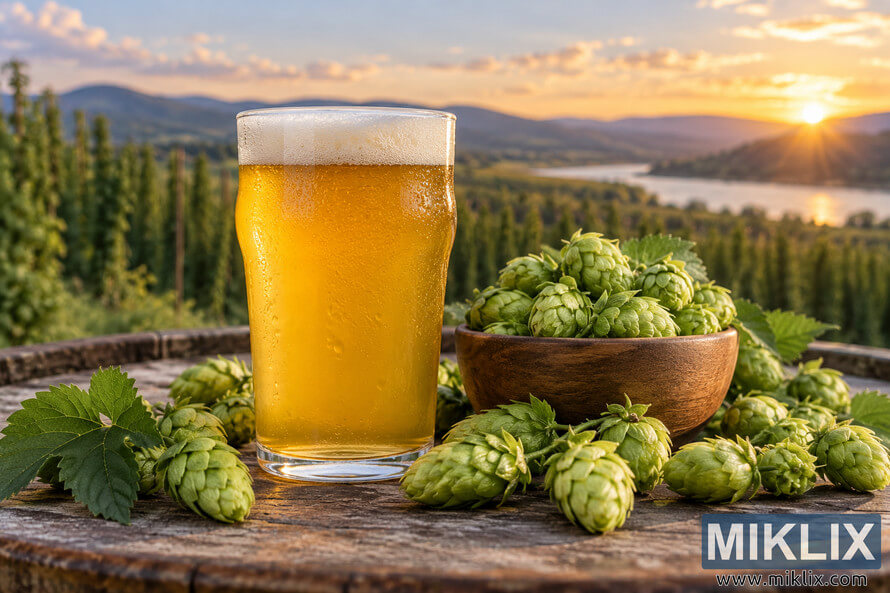 Landscape photo of a chilled golden pale ale beside a wooden bowl and scattered fresh green hop cones on a rustic table, with hop fields, mountains, water, and a glowing sunset in the background. Landscape photo of a chilled golden pale ale beside a wooden bowl and scattered fresh green hop cones on a rustic table, with hop fields, mountains, water, and a glowing sunset in the background.