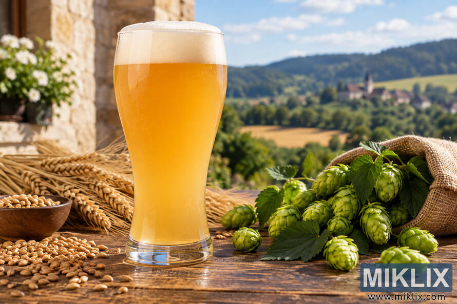 Cloudy golden Belgian-style wheat beer with a creamy white head in an unbranded glass, surrounded by green Alliance hops, wheat stalks and grain on a rustic wooden table overlooking a sunlit countryside. Cloudy golden Belgian-style wheat beer with a creamy white head in an unbranded glass, surrounded by green Alliance hops, wheat stalks and grain on a rustic wooden table overlooking a sunlit countryside.