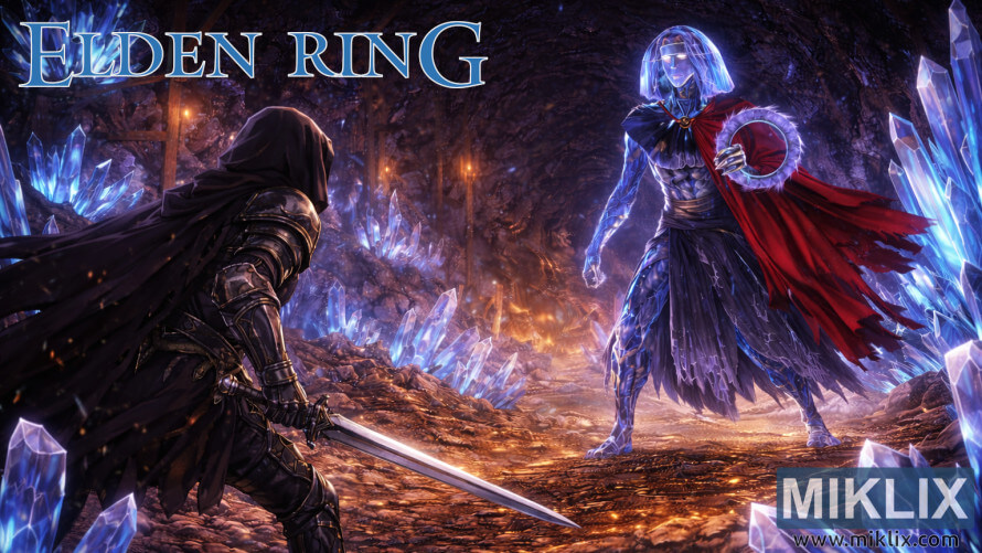 Elden Ring fan art showing the Tarnished in Black Knife armor wielding a sword against the Crystalian boss inside the glowing Raya Lucaria Crystal Tunnel. Elden Ring fan art showing the Tarnished in Black Knife armor wielding a sword against the Crystalian boss inside the glowing Raya Lucaria Crystal Tunnel.