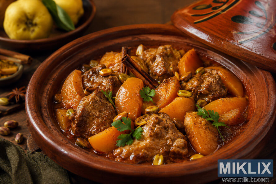 Close-up landscape photo of a traditional Moroccan lamb tagine served in a rustic terracotta dish with tender lamb pieces, golden quince wedges, pistachios, cinnamon sticks, and fresh herbs in a rich spiced sauce on a wooden table. Close-up landscape photo of a traditional Moroccan lamb tagine served in a rustic terracotta dish with tender lamb pieces, golden quince wedges, pistachios, cinnamon sticks, and fresh herbs in a rich spiced sauce on a wooden table.