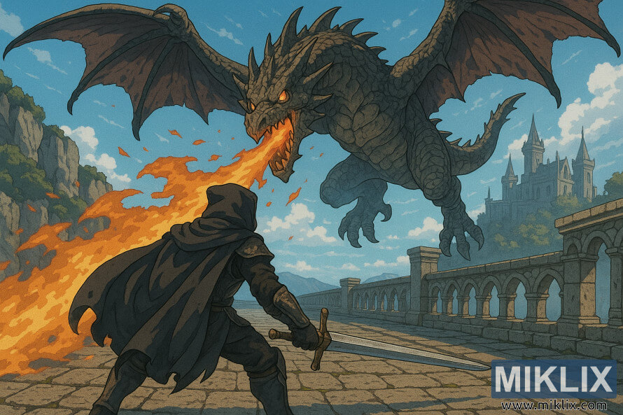 Anime crteÅ¾ Potamnjelog u oklopu Crnog NoÅ¾a koji se suoÄava s LeteÄim Zmajem Greyllom na Velikom mostu Faruma u Elden Ringu.