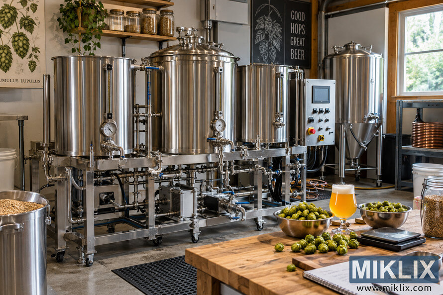 Advanced homebrewing workshop with stainless-steel brewing vessels, pumps, gauges and control equipment, surrounded by fresh green hops, grain, brewing notes and a glass of hazy golden beer.