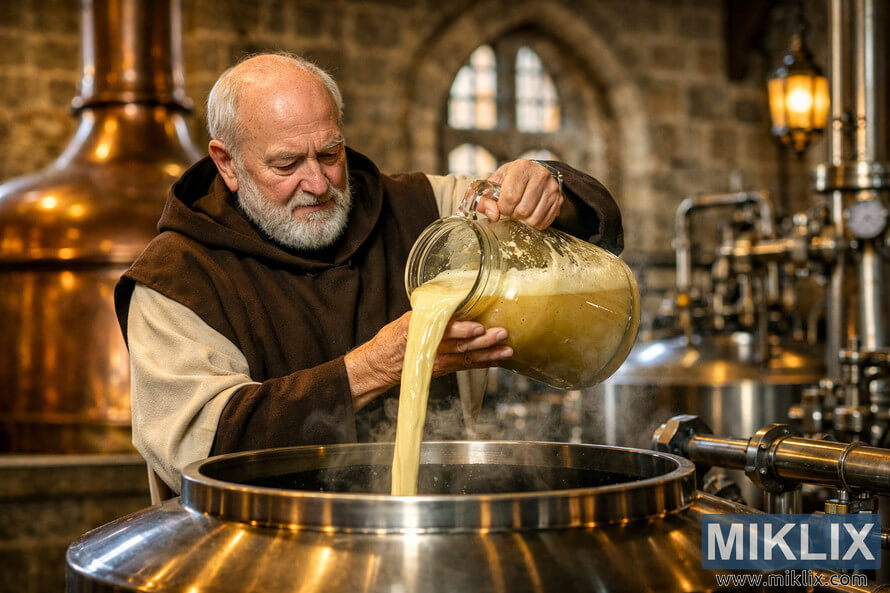 Elderly Belgian monk in brown habit pouring liquid yeast from a glass pitcher into a stainless steel beer fermenter inside a traditional abbey brewery with copper kettles and stone walls. Elderly Belgian monk in brown habit pouring liquid yeast from a glass pitcher into a stainless steel beer fermenter inside a traditional abbey brewery with copper kettles and stone walls.