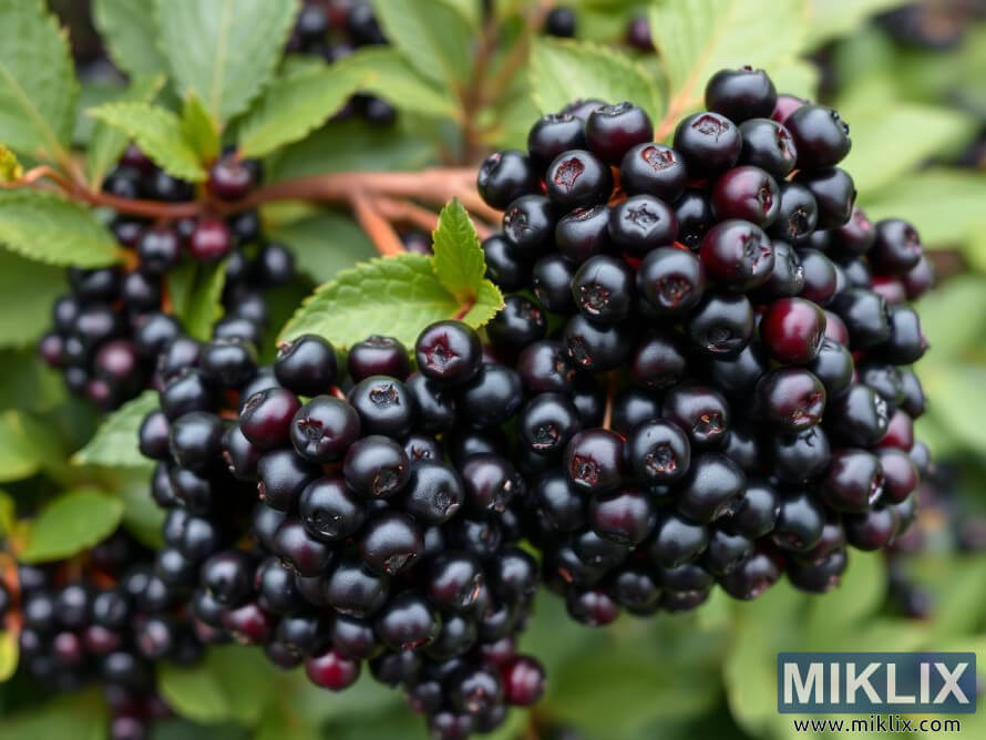 Clusters of glossy dark aronia berries hanging densely on green leafy stems.