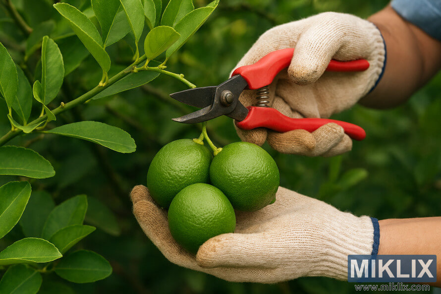 Close-up of gloved hands harvesting green limes using red pruning shears