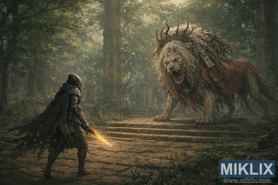 Anime-style fan art showing the Tarnished in Black Knife armor facing a towering Divine Beast Dancing Lion in the Ancient Ruins of Rauh, with a wide view of overgrown ruins and stone columns before battle. Anime-style fan art showing the Tarnished in Black Knife armor facing a towering Divine Beast Dancing Lion in the Ancient Ruins of Rauh, with a wide view of overgrown ruins and stone columns before battle.