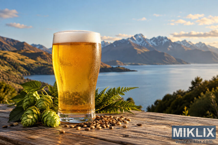 Cold golden pale ale with a creamy foam head beside fresh hops and barley on rustic wood, overlooking a blue alpine lake and snow-dusted mountains in warm sunlight. Cold golden pale ale with a creamy foam head beside fresh hops and barley on rustic wood, overlooking a blue alpine lake and snow-dusted mountains in warm sunlight.