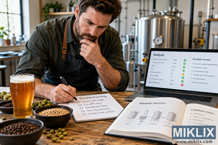 Brewer analyzes a batch at a wooden worktable with a troubleshooting checklist, brewing ingredients, amber beer, an analytical laptop dashboard, an open brewing-process manual, and stainless-steel brewing tanks in the background. Brewer analyzes a batch at a wooden worktable with a troubleshooting checklist, brewing ingredients, amber beer, an analytical laptop dashboard, an open brewing-process manual, and stainless-steel brewing tanks in the background.