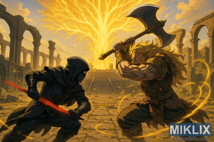 Ein Nahkampf im Anime-Stil zwischen einem Assassinen des Schwarzen Messers und Godfrey, dem Ersten Eldenlord, spielt sich in den Ruinen des Eldenthrons im Freien ab, mit einem leuchtenden Erdbaum im Hintergrund. Ein Nahkampf im Anime-Stil zwischen einem Assassinen des Schwarzen Messers und Godfrey, dem Ersten Eldenlord, spielt sich in den Ruinen des Eldenthrons im Freien ab, mit einem leuchtenden Erdbaum im Hintergrund.