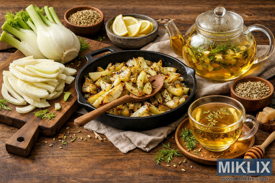 A high-resolution landscape photo showing raw sliced fennel bulb on a cutting board, roasted fennel in a cast iron skillet, and fennel tea in a glass teapot and cup arranged on a rustic wooden table. A high-resolution landscape photo showing raw sliced fennel bulb on a cutting board, roasted fennel in a cast iron skillet, and fennel tea in a glass teapot and cup arranged on a rustic wooden table.