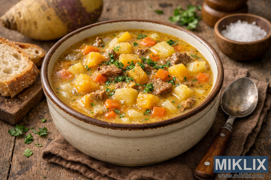 Hearty rutabaga soup in a rustic off-white ceramic bowl with a brown rim, filled with golden creamy broth, chunks of yellow-orange rutabaga, potatoes, diced carrots, and browned meat, garnished with fresh chopped parsley, placed on a weathered wooden table beside a slice of crusty bread on a wooden cutting board, a whole rutabaga, unpeeled potatoes, a small wooden bowl of coarse salt, a wooden pepper mill, and a tarnished silver spoon with a wooden handle resting on a folded brown linen cloth. Hearty rutabaga soup in a rustic off-white ceramic bowl with a brown rim, filled with golden creamy broth, chunks of yellow-orange rutabaga, potatoes, diced carrots, and browned meat, garnished with fresh chopped parsley, placed on a weathered wooden table beside a slice of crusty bread on a wooden cutting board, a whole rutabaga, unpeeled potatoes, a small wooden bowl of coarse salt, a wooden pepper mill, and a tarnished silver spoon with a wooden handle resting on a folded brown linen cloth.