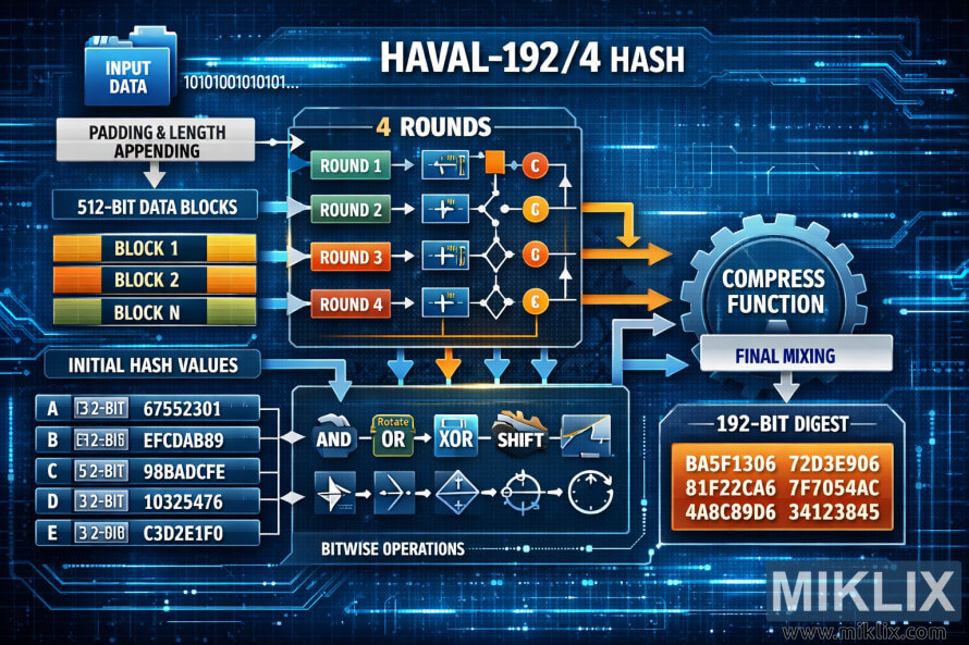 Dayagram na naglalarawan ng HAVAL-192/4 hash algorithm na may mga data block, bitwise operation, apat na round ng transformation, at isang 192-bit digest output.