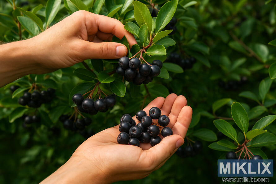 Hands picking ripe black chokeberries from a green aronia shrub in bright natural light.