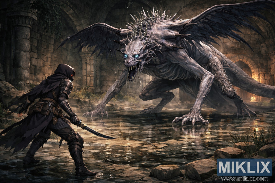 Ratnik u anime stilu u tamnom oklopu suoÄava se s ogromnim kraljem zmajeva unutar poruÅ¡ene, poplavljene katedrale prije bitke. Ratnik u anime stilu u tamnom oklopu suoÄava se s ogromnim kraljem zmajeva unutar poruÅ¡ene, poplavljene katedrale prije bitke.