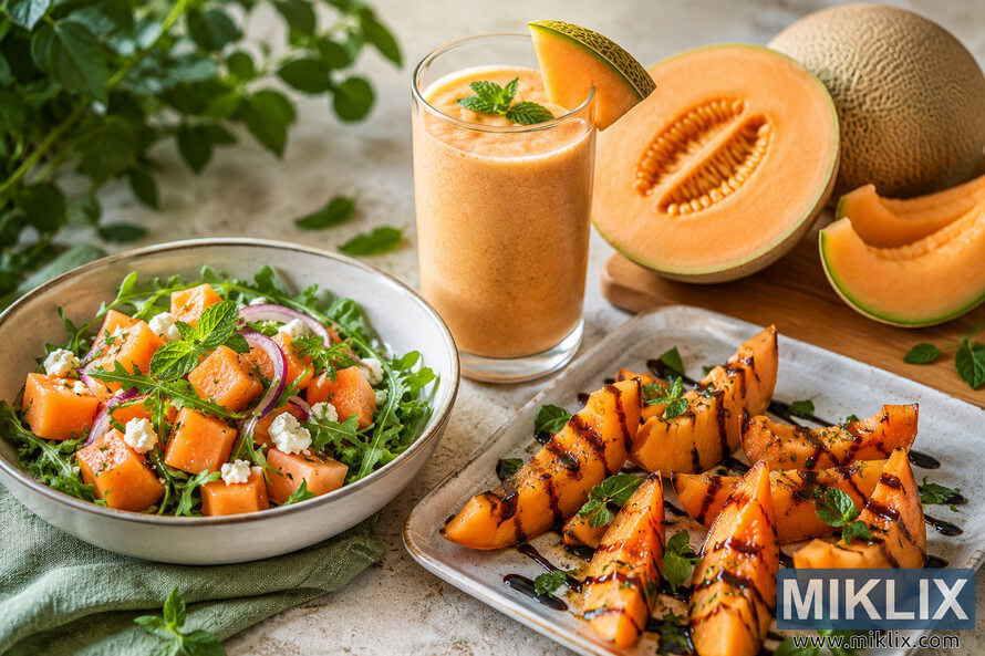 A vibrant summer food spread featuring cantaloupe salad with greens and feta, a creamy cantaloupe smoothie garnished with mint, and grilled melon wedges drizzled with balsamic glaze on a light stone tabletop.