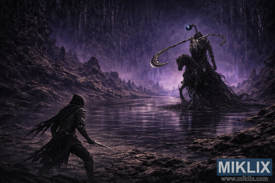 Isomeetriline vaade Tuhmunudest, kes on silmitsi MÃ¤daneva RÃ¼Ã¼tliga lilla valgusega koopabasseini kohal.