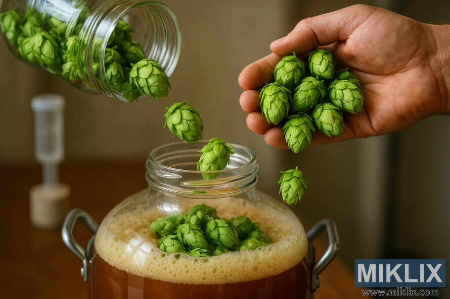 LÃºpulo seco na produÃ§Ã£o de cerveja caseira, onde cones de lÃºpulo verde fresco sÃ£o adicionados a um fermentador de cerveja espumosa de cor Ã¢mbar.