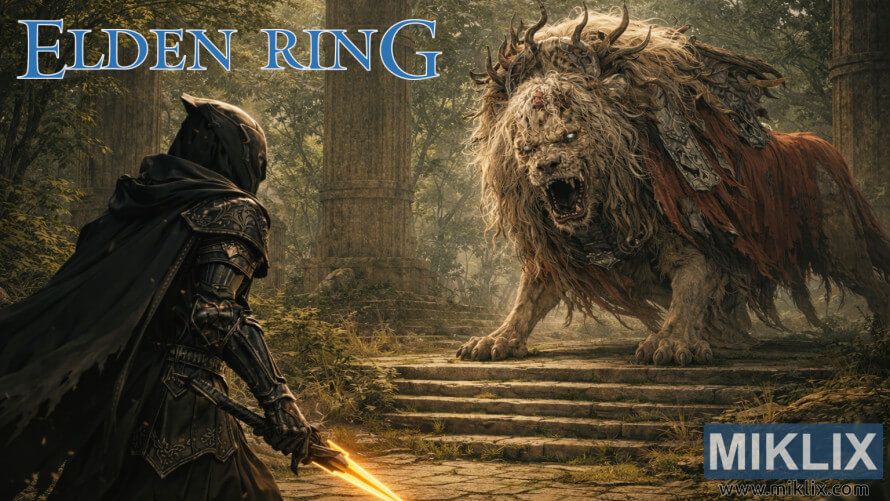 Fan art showing the Tarnished in Black Knife armor holding a glowing dagger while facing the towering Divine Beast Dancing Lion in the Ancient Ruins of Rauh from Elden Ring: Shadow of the Erdtree.