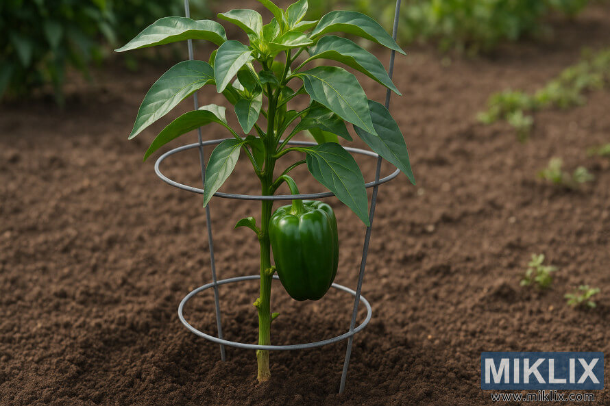 Bell pepper plant supported by a wire cage with lower branches pruned.