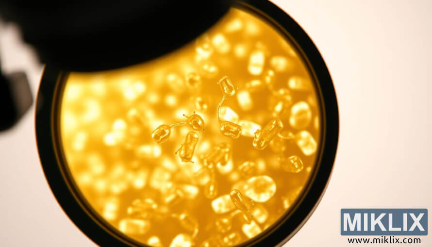 Kusa da sel yisti na Fermentis SafAle T-58 a ÆarÆashin na'urar hangen nesa, yana nuna cikakken tsari.