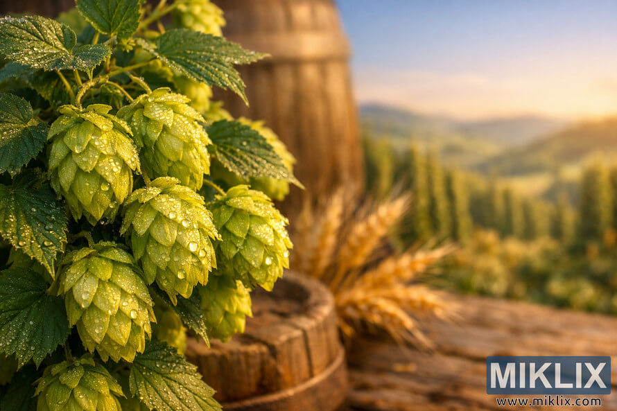 Close-up of dew-covered Styrian Golding hop cones glowing in warm golden-hour light with a rustic wooden brewery backdrop and rolling hop-covered hills under a clear blue sky. Close-up of dew-covered Styrian Golding hop cones glowing in warm golden-hour light with a rustic wooden brewery backdrop and rolling hop-covered hills under a clear blue sky.