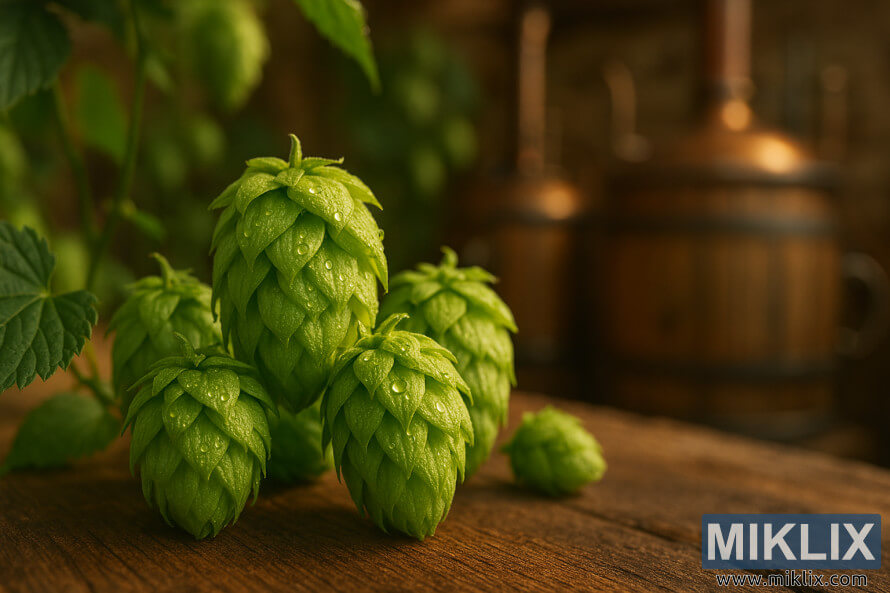 Close-up of fresh Northern Brewer hop cones with dewdrops, set against a rustic brewery background