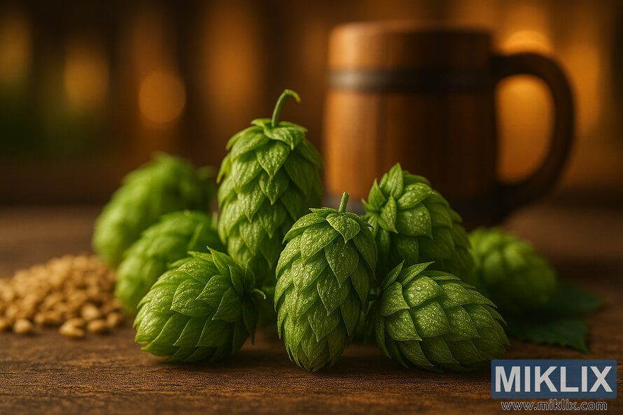 Close-up of dewy Hallertau Tradition hops on a wooden surface with grains and a beer mug Close-up of dewy Hallertau Tradition hops on a wooden surface with grains and a beer mug